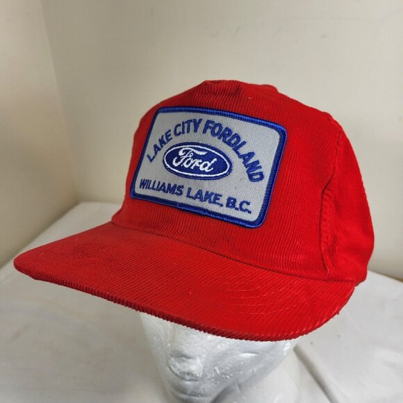 LAKECITY FORDLAND Hat Snapback Baseball Vintage 80s Cap CORDUROY Dad Trucker red - Picture 1 of 11